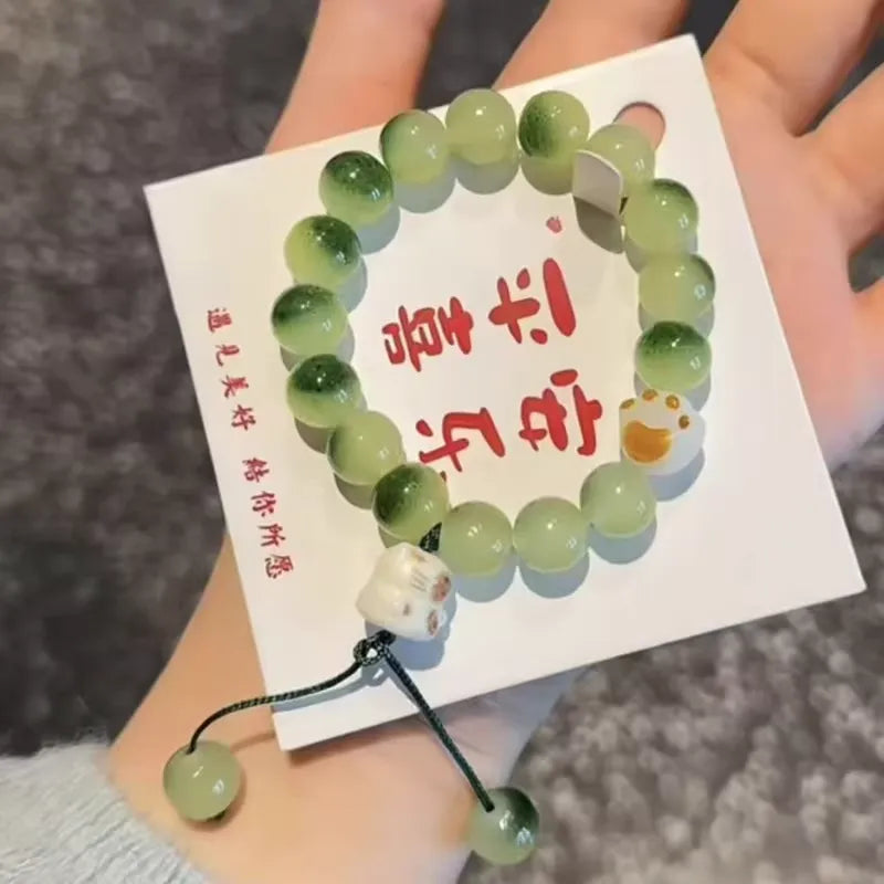 Cute Ice Cream Charcoal Burnt Caramel Cat Paw & Lucky Cat Beaded Bracelet