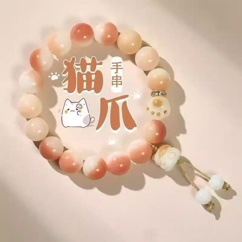 Cute Ice Cream Charcoal Burnt Caramel Cat Paw & Lucky Cat Beaded Bracelet