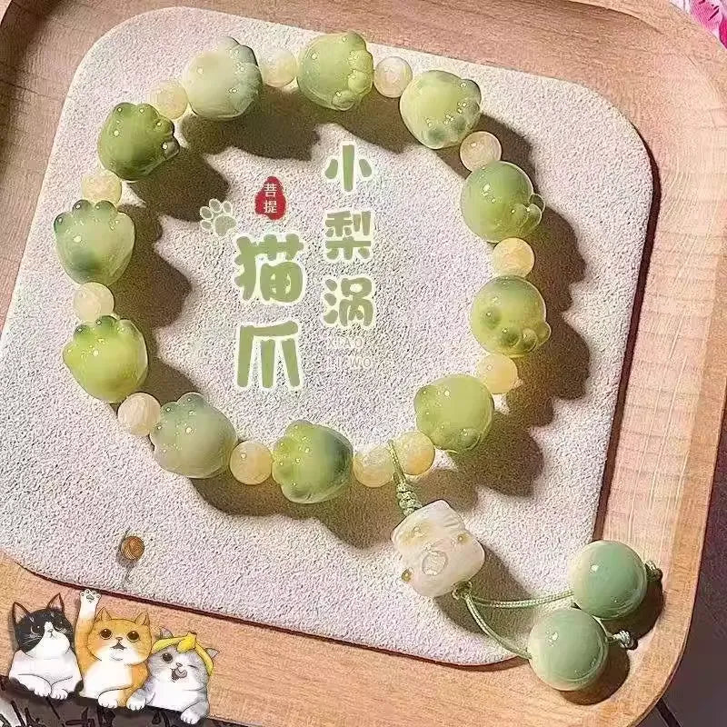 Cute Ice Cream Charcoal Burnt Caramel Cat Paw & Lucky Cat Beaded Bracelet