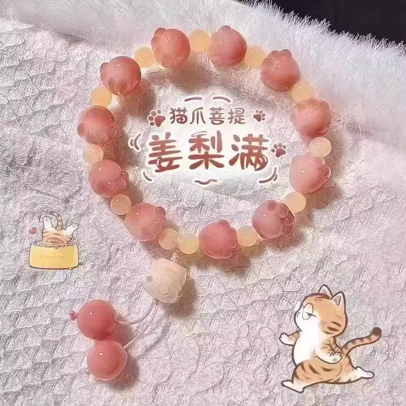 Cute Ice Cream Charcoal Burnt Caramel Cat Paw & Lucky Cat Beaded Bracelet