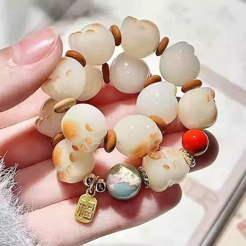 Cute Ice Cream Charcoal Burnt Caramel Cat Paw & Lucky Cat Beaded Bracelet