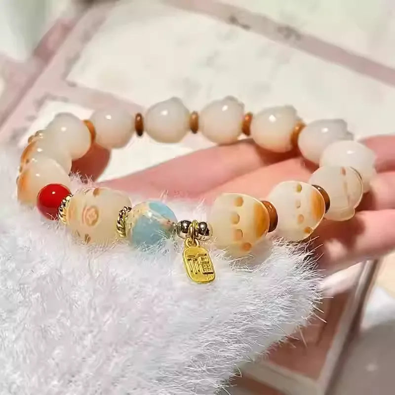 Cute Ice Cream Charcoal Burnt Caramel Cat Paw & Lucky Cat Beaded Bracelet