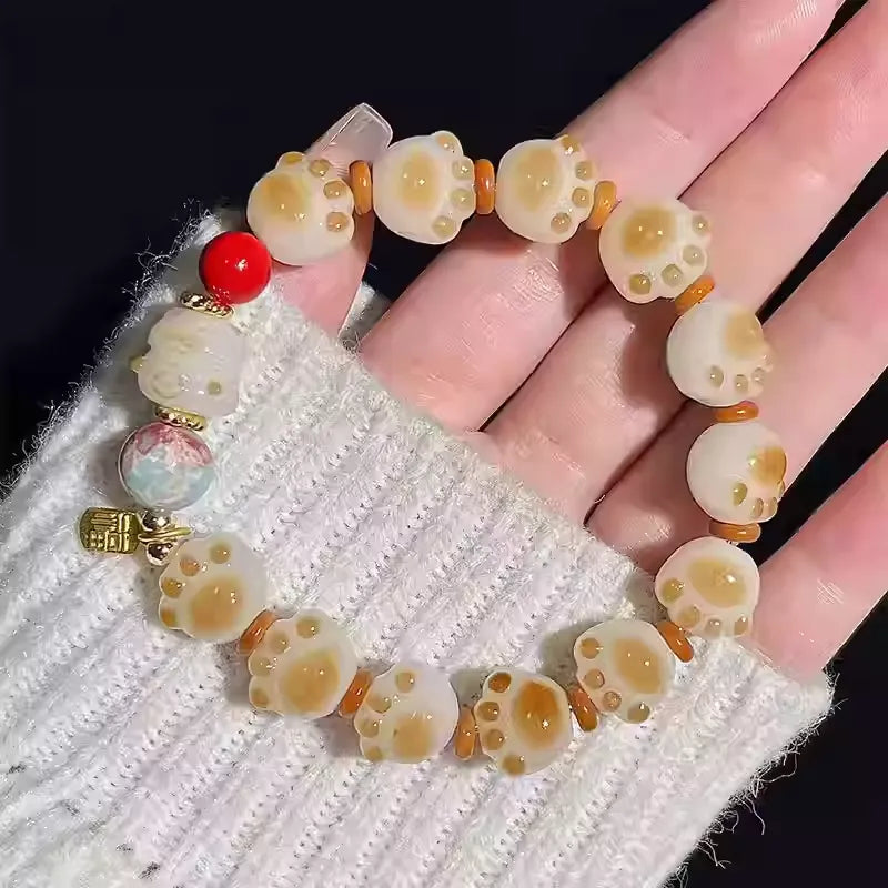 Cute Ice Cream Charcoal Burnt Caramel Cat Paw & Lucky Cat Beaded Bracelet