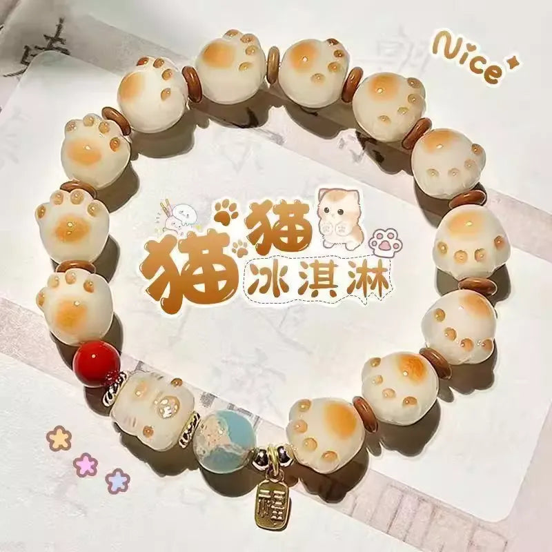 Cute Ice Cream Charcoal Burnt Caramel Cat Paw & Lucky Cat Beaded Bracelet