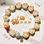 Cute Ice Cream Charcoal Burnt Caramel Cat Paw & Lucky Cat Beaded Bracelet